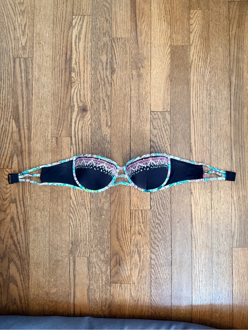 Victoria's Secret Black underwire Bikini top with Pink and Teal Accents